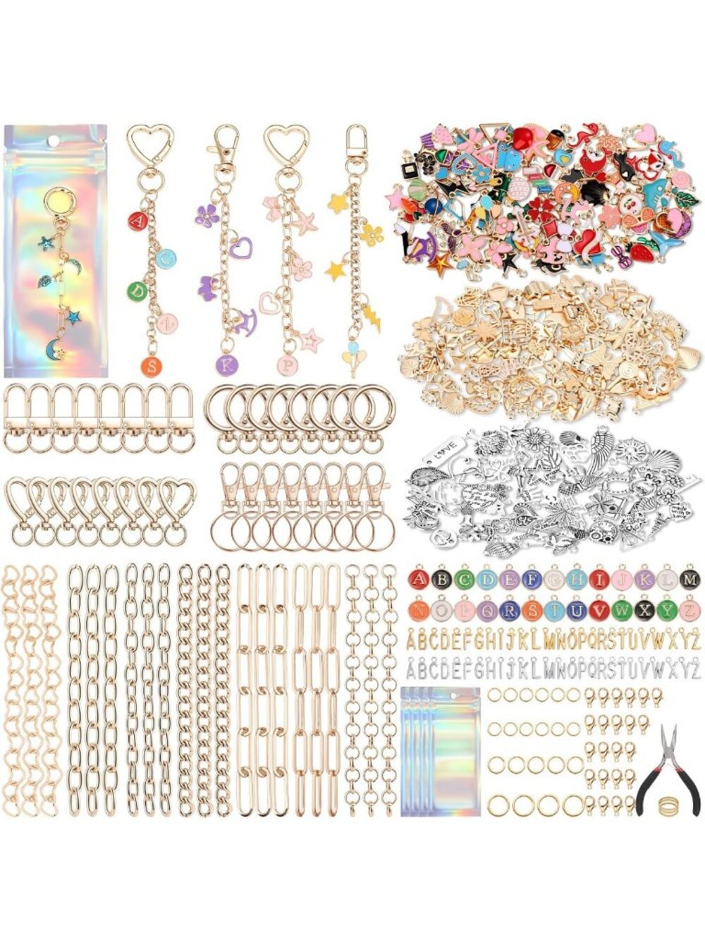 DIY Lip Gloss Keychain Making Kit - 617 Pcs Charms, Hooks, Chains & Gift Bags
